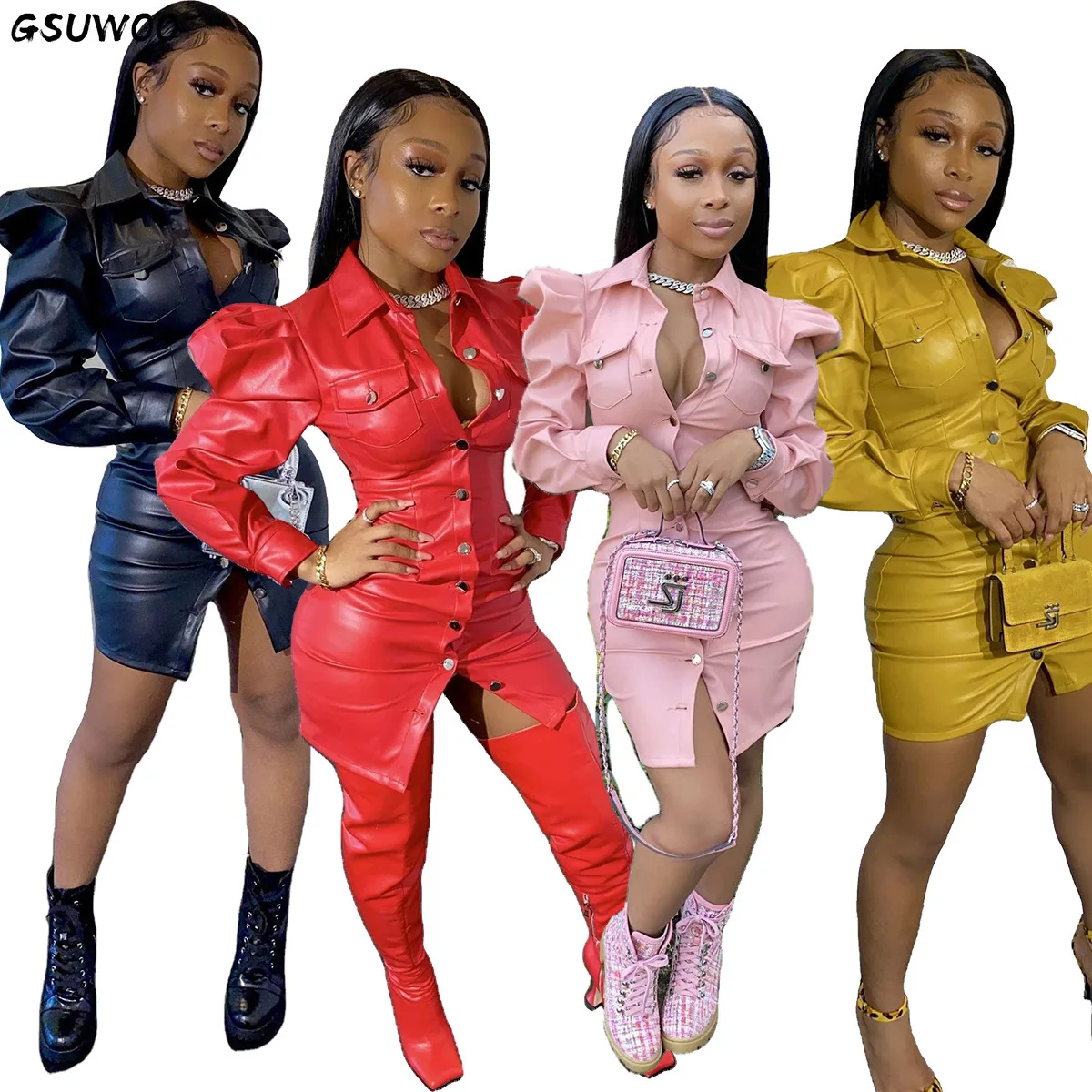 

Gsuwoo Women Puff Sleeve PU Leather Dress Autumn Female Fashion Long Sleeve Single Breasted Bodycon Mini Dresses Party Night