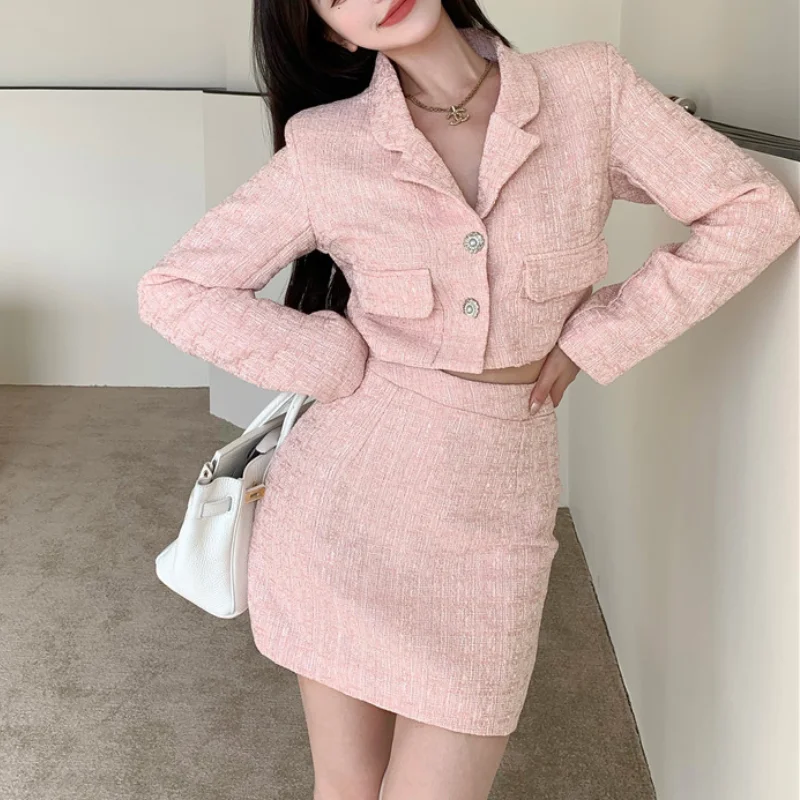 

Autumn Sweet Elegant Two Pieces Set Women Pink Chic Vintage Party Skirt Suits Female 2021 Slim Crop Tops + A-line Mini Skirts