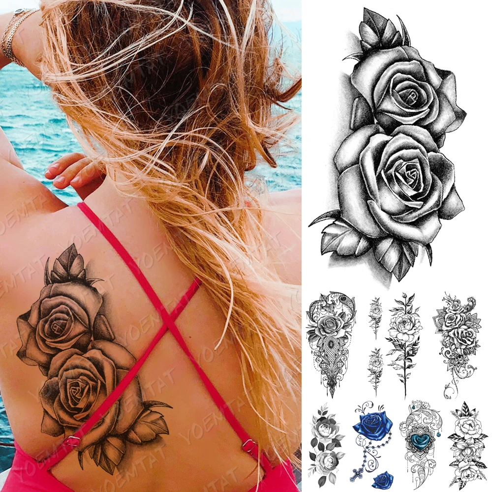 

Waterproof Temporary Tattoo Sticker 3D Blue Lace Rose Flower Tattoos Line lotus Body Art Arm Fake Sleeve Tatoo Women Men