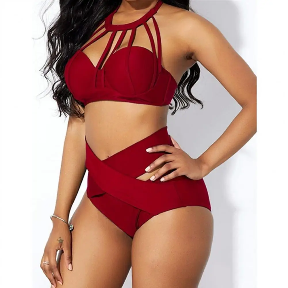 

Women's swimsuit Bikini Set Solid Color Halter Brassiere High Waist Breifs Hollow Out Bra Swimwear for Swimming Pool Plus Size