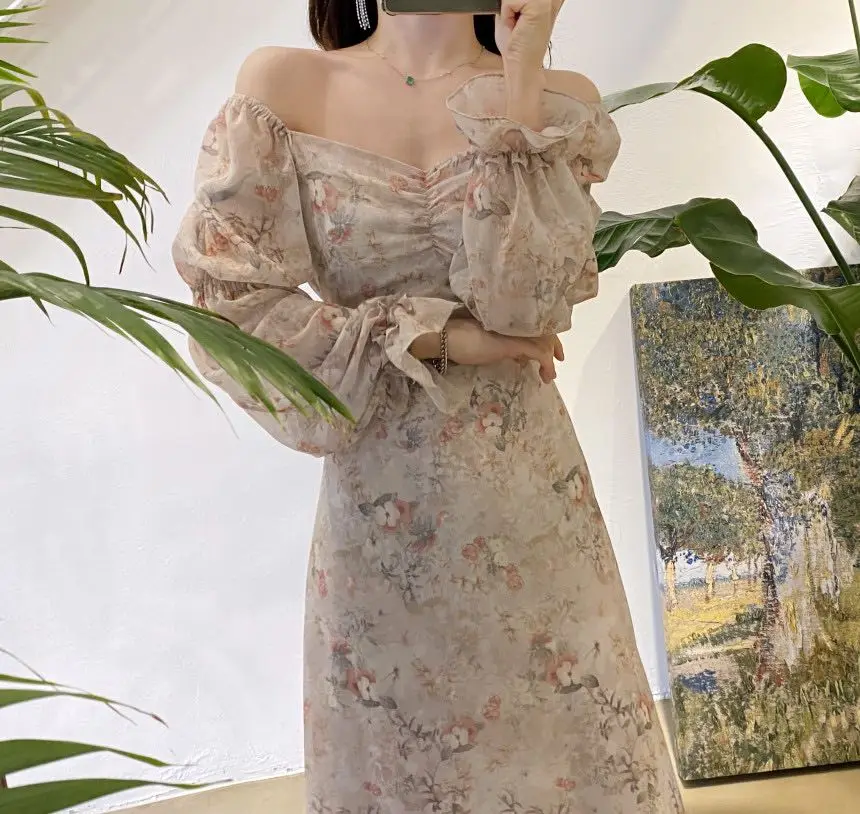 

Vintage High Waist Floral Print Chiffon Long Dress Female 2021 Spring Sexy Mid-Calf Lantern Sleeve Strapless Dress for Women
