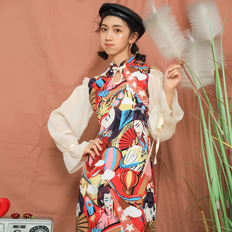 

2020 Summer Girls Slimming Improved Cheongsam Sexy Midi Dresses Lace Bubble-sleeved Women's Clothes Chinese Traditional Outfits