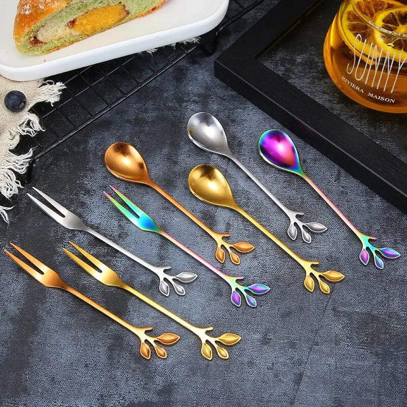 

2pcs/set Nordic Stainless Steel Leaf Spoon Fork Creative Branch Coffee Honey Stir Spoon Cutlery Flatware Tableware Wedding Gifts