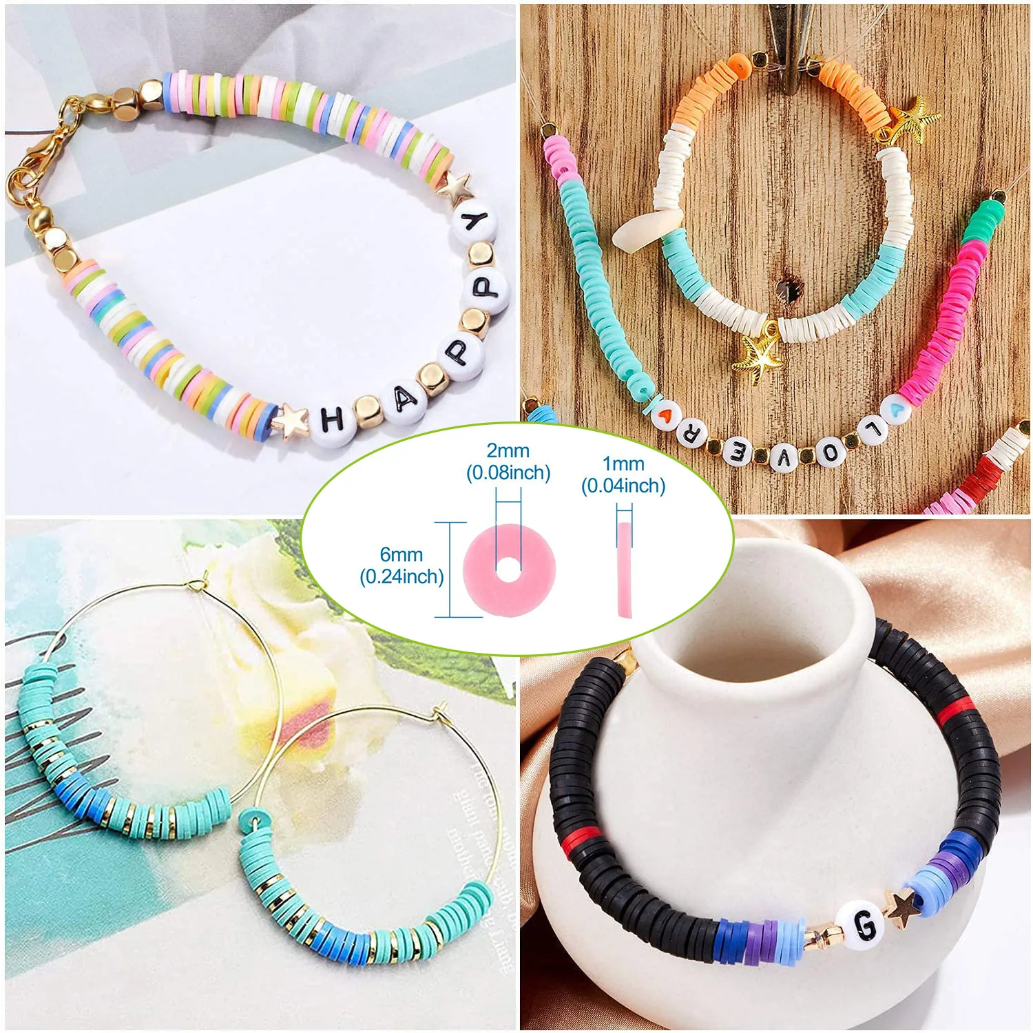 Polymer Clay Beads Set Galss Seed Letter Beads Kit Simle Soft Pottery Beads Gift Box for Bracelet Jewelry Making DIY Accessories