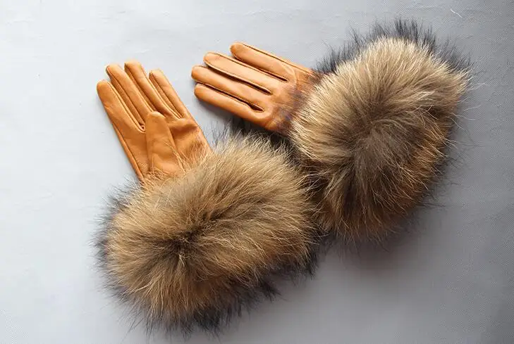 

Women's natural big raccoon fur genuine leather glove lady's warm natural sheepskin leather plus size driving glove R2449