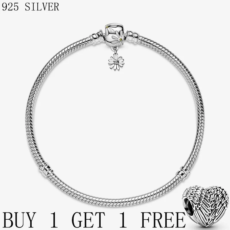 

Hot Sale 925 Sterling Silver Charm Blue Leather Shell Bracelet Daisy chain clasp snake bone chain bracelet Bangle Women Jewelry