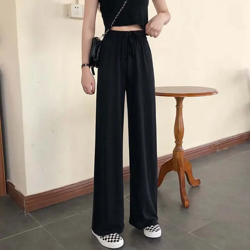 

Wide Leg Pants Women Pure Black Lace-up Korean Style Loose Leisure High Waists Female Spring Long Daily Trousers Streetwear Fall