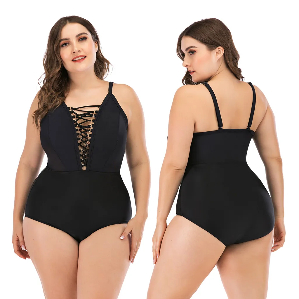 

L-4Xl Striped Plus Size Swimsuit Bikini Women'S Solid Hollow Out Bandage Push Up Monokini Piece Swimsuit Donna Z0402