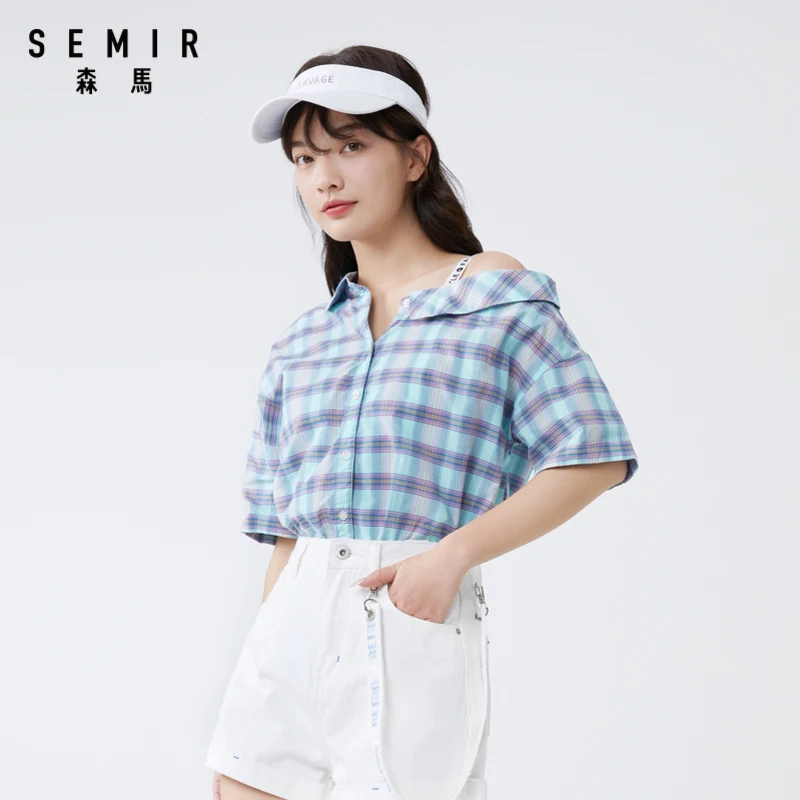 SEMIR Women short-sleeved shirt 2021 new oblique shoulder off-the-shoulder sexy contrast check loose | Женская одежда