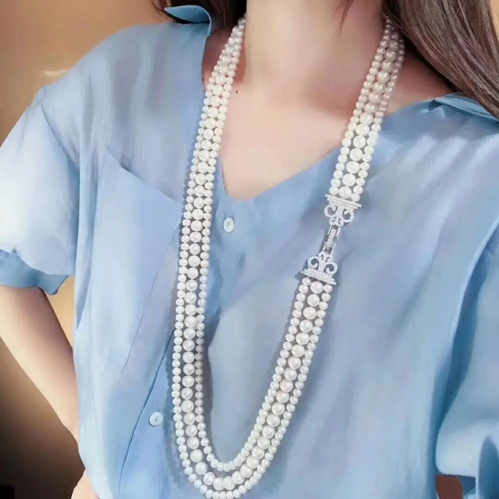 three rows 7-10mm south sea round white pearl necklace 22