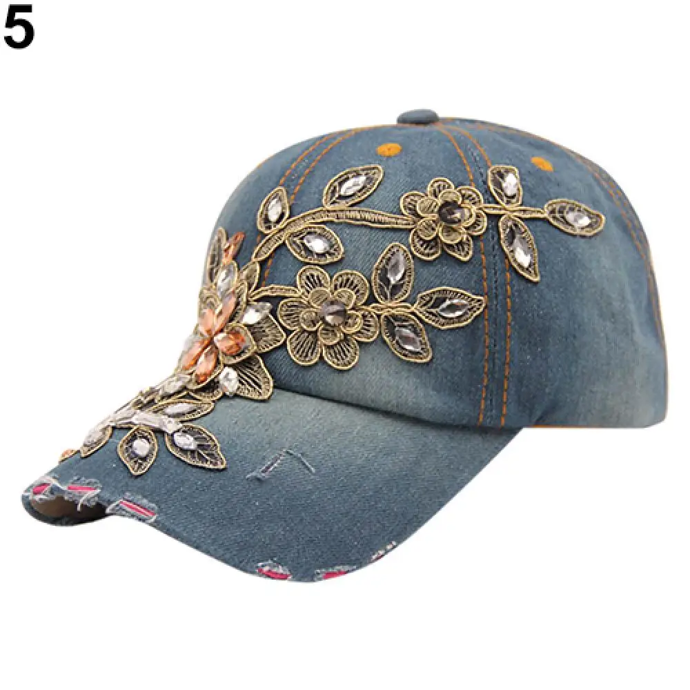 

Women's Embossing Flower Denim Baseball Cap Summer Rhinestone Inlaid Jeans Hat
