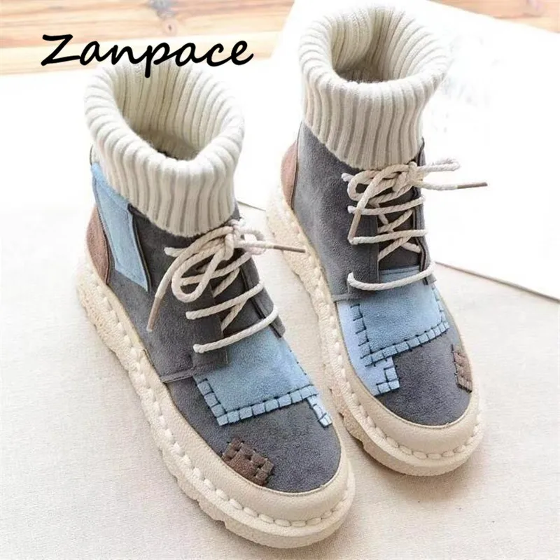 Женские ботинки с высоким верхом зимние на плоской подошве бархатной подкладкой