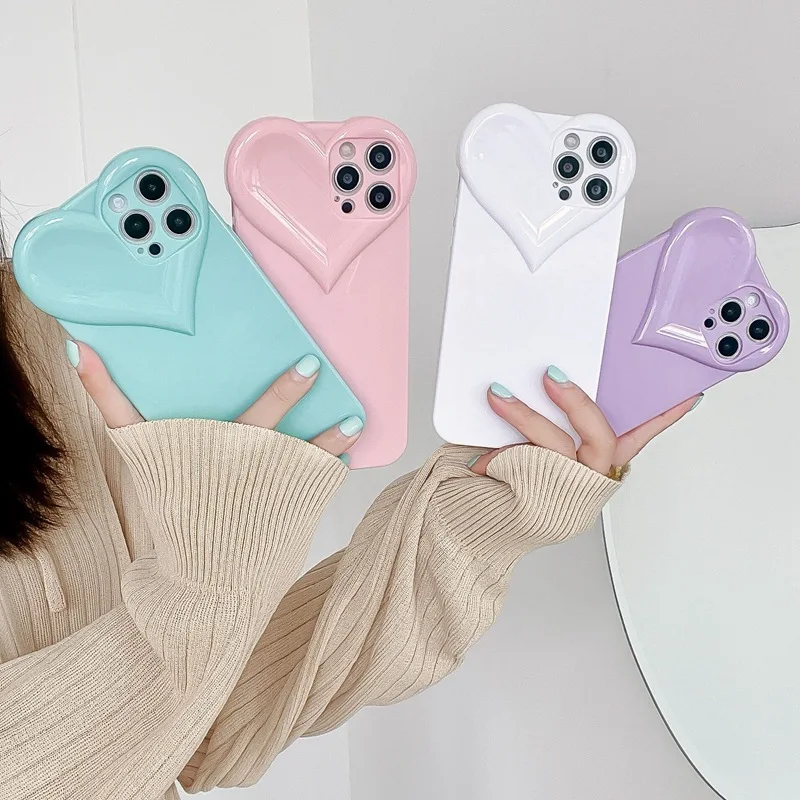 

3D Candy Color Cute Love Heart Phone Case For iPhone 11 12 Pro Max X XR XS Max 7 8 Plus SE 2020 Plain Soft Shockproof Back Cover