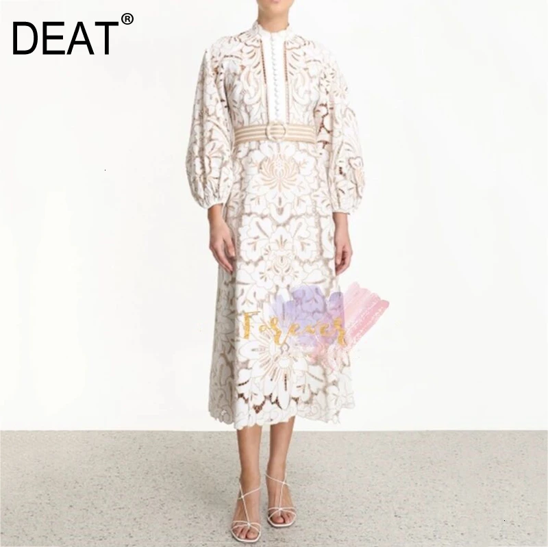 Женская кружевная водолазка DEAT ажурное платье с поясом и рукавами фонариками для