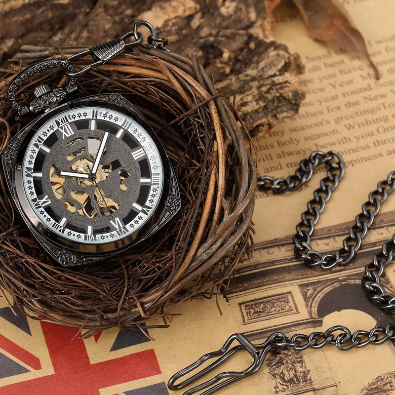 

Retro Black Steampunk Mechanical Pocket Watch Men Women Fob Chain Necklace Vintage Square Dial Hollow Skeleton Sculpture Clock
