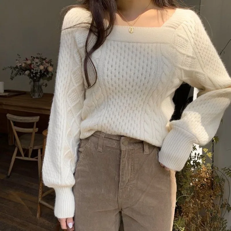 

Woman Autumn Winter Square Collar Knitted Sweaters Female Knitted Pullovers Ladies High Quality Warm Solid Color Jumper Top A76