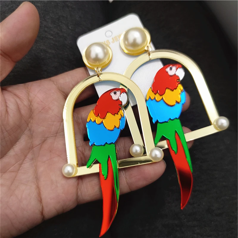 Длинные серьги KUGUYS "Длинный попугай" для женщин, красные и фиолетовые, большие подвески с зеркальным акрилом, имитацией жемчуга, эксцентричные модные украшения в виде птицы.