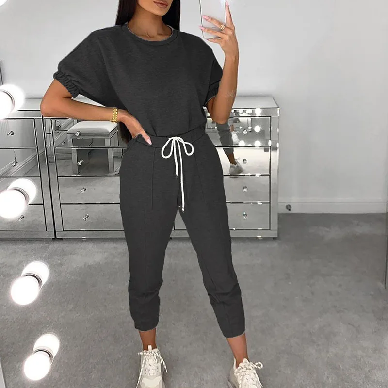 

Женский спортивный костюм из 2 предметов, повседневный летний комплект из рубашки с коротким рукавом и брюк на шнуровке, модель SJ6360X, 2021