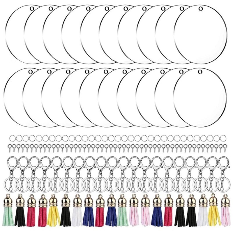 

Акриловый брелок, пустые акриловые прозрачные украшения, подвески и круглый брелок с кисточками, набор маленьких колец для рукоделия