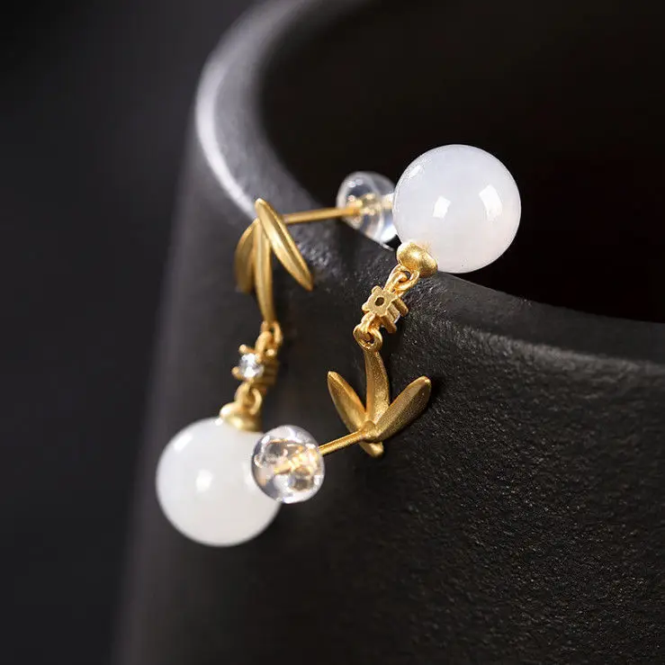 

Hetian White Jade round Beads GenOptics Aura Essence Bamboo Leaf Earrings S925 Sterling Silver High-Grade Frosted Jade Earrings