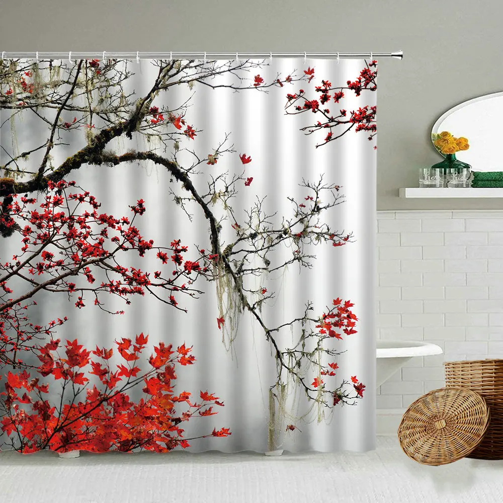 

Chinese Feng Shui Ink Painting Flower And Bird Shower Curtain Plum Blossom Bathroom Decoration With Hook Waterproof Screen Set