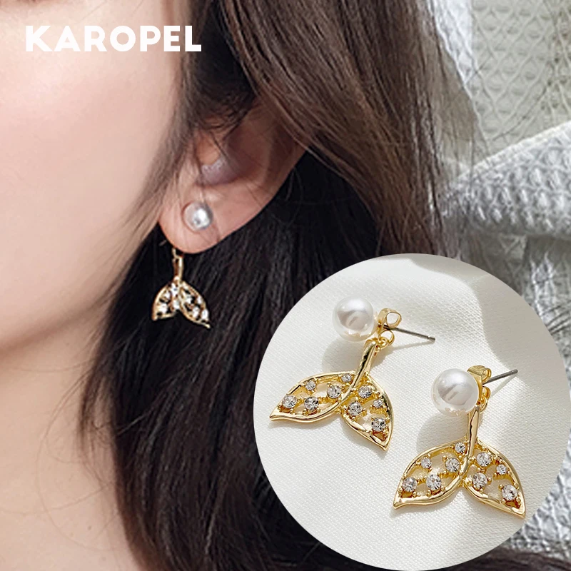 

925 Sterling Silver Fishtail Pearl Tassel Synthesis Pearl Stud Earrings For Women Wedding Jewelry