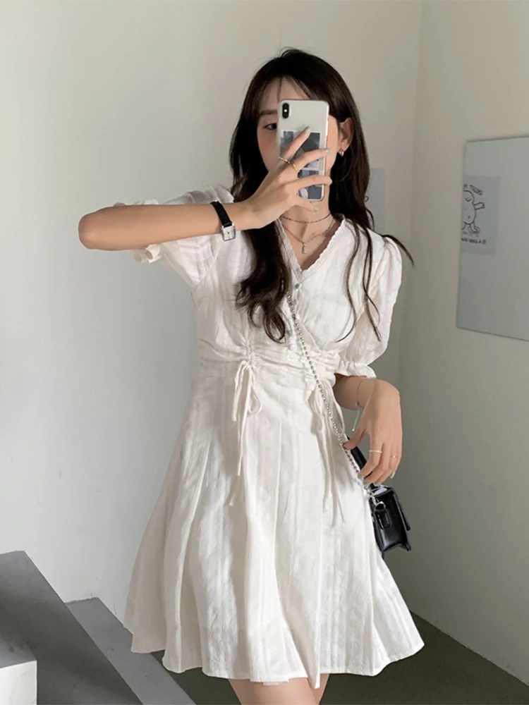 

Luck A French Summer Dress Women White Puff Sleeve Korean Style Fairy Dress Chiffon Elegant Vintage Dress