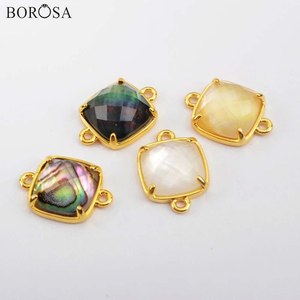 

BOROSA 10Pcs Square Gild Claw Mixed Natural Shell with Glass Covered Connector Faceted Double Charms Jewelry for Bracelet WX1217
