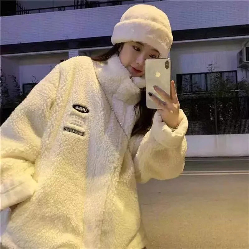 Lamb wool coat female autumn and winter all-match 2021 new Korean loose students lazy style thick cotton coat cotton clothing ti