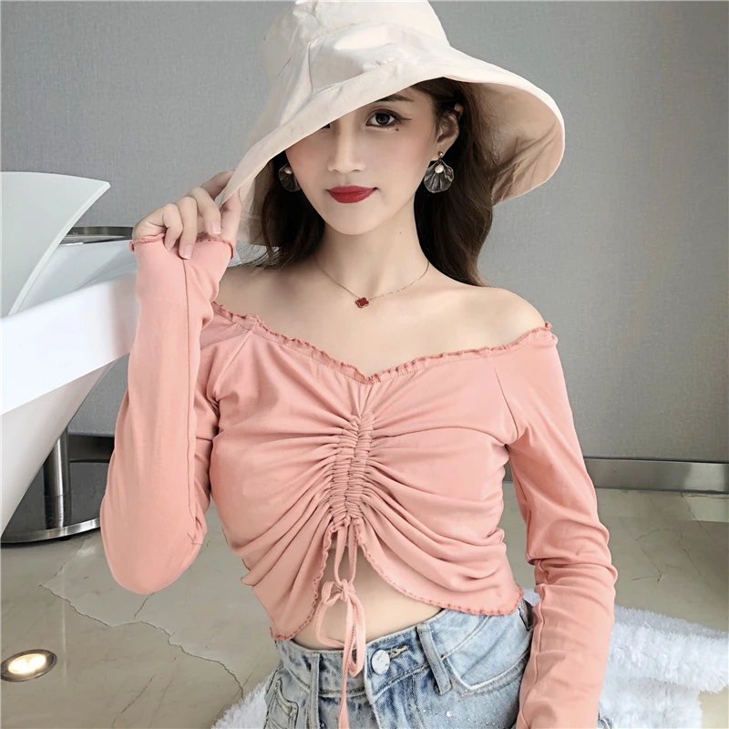 Женская Корейская Милая Футболка Harajuku с открытыми плечами и длинным рукавом