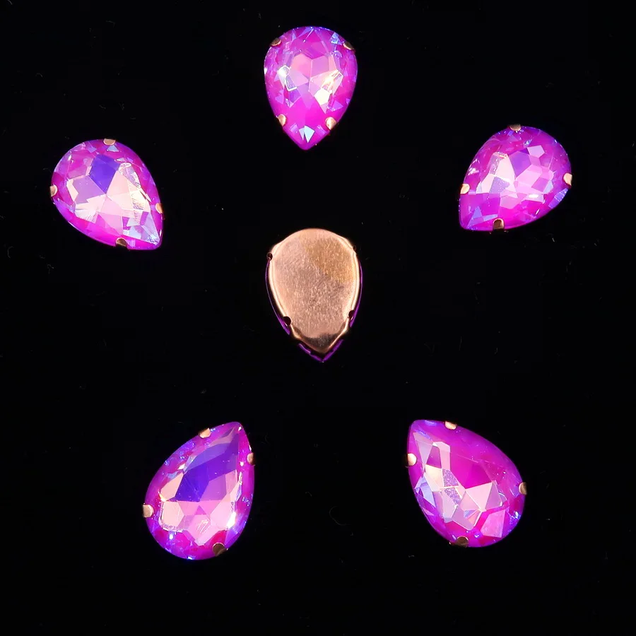 A24 Fuchsia AB Золотой коготь настройки радуга и желе AB стекло кристалл 7*10 10*14 13*18 мм форма капли пришить стразы свадебное платье diy отделка - Цвет: A24 Fuchsia AB