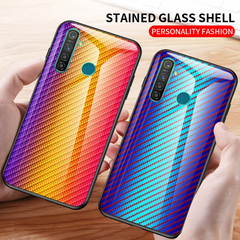 Красочное углеродное волокно с узором из закаленного стекла чехол для OPPO Realme 5 Pro