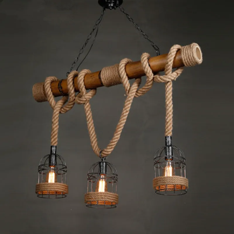 Винтажный бамбуковый подвесной светильник с 3 головками пеньковая веревка