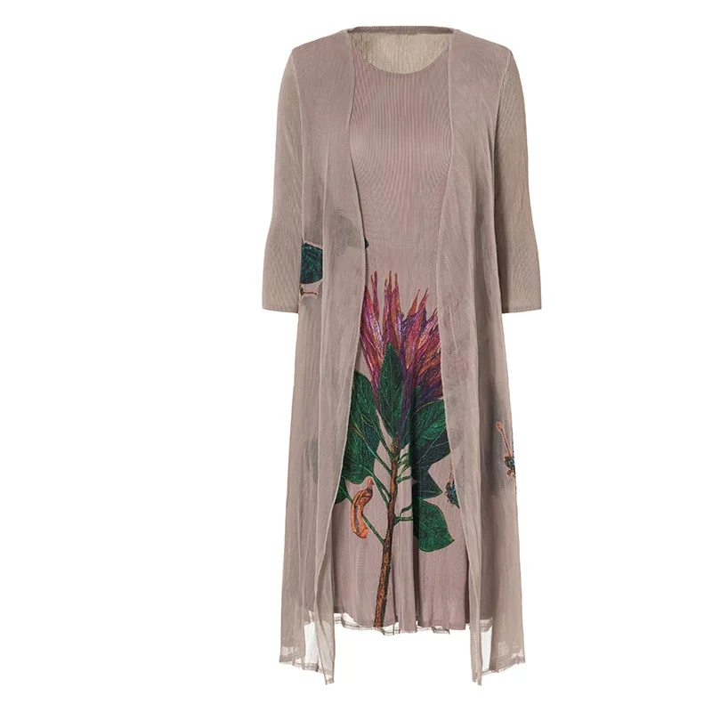 

Fake Two Piece Pleated Print Dress New Women's Loose Large A-line Dress In Autumn 2019