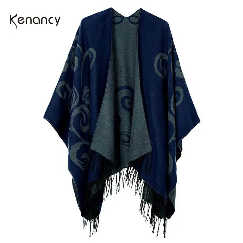 Kenancy зима для женщин V Cut Реверсивный кисточкой вязаный большой Пончо Накидки