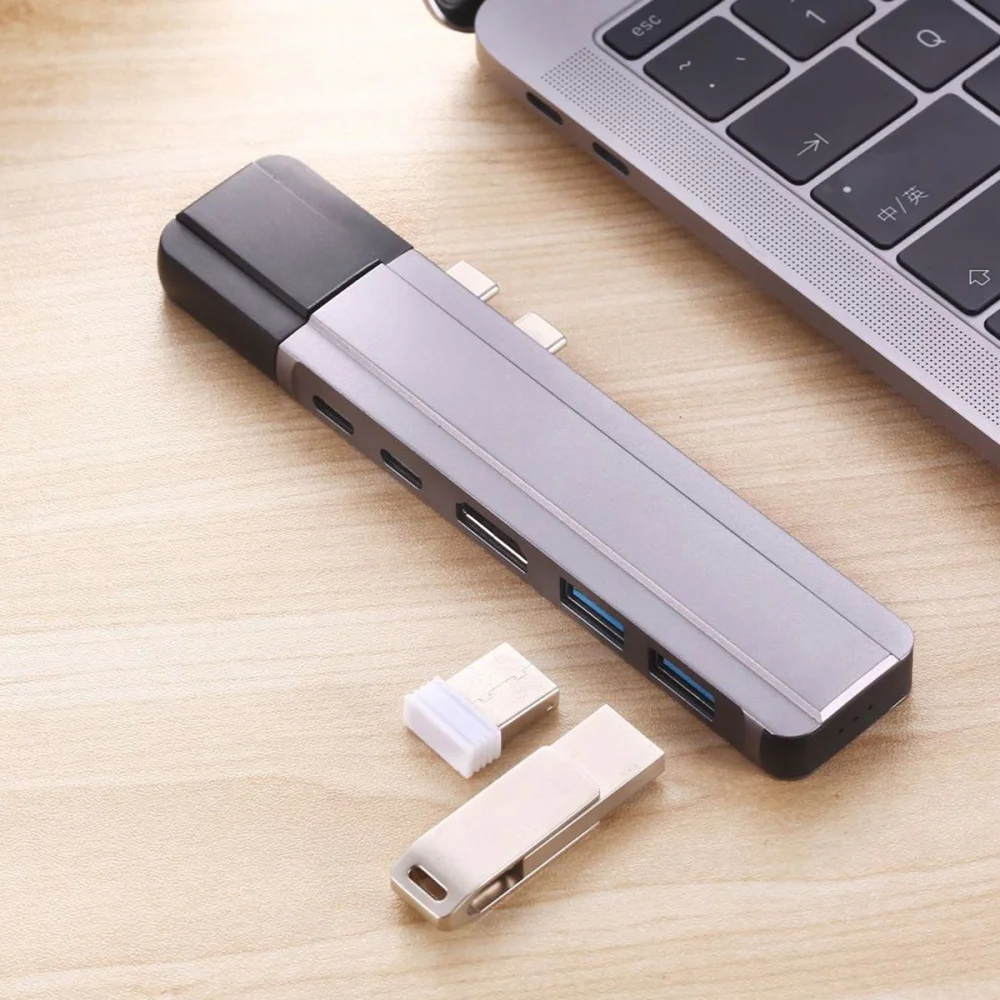 

Dual USB-C to RJ45/HDMI 7 In 1 Adapter HUB Charging Expander(Grey)