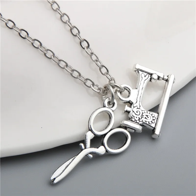 

1 Sewing Machine Necklace With Scissors Pendant, Silver Tailored Jewelry, Mother'S Day Gift, Fashionable And Simple Necklace