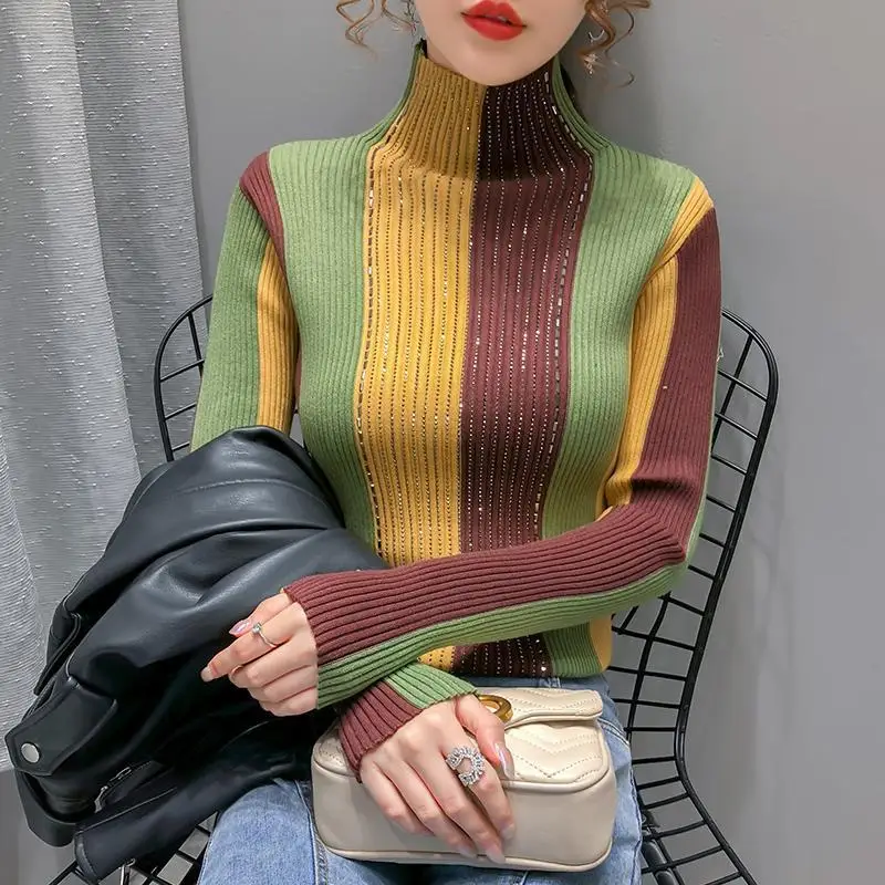 

2021 Spring Autumn New Women's Sweater Splice Color Block Pullover Female Bottoming Shirt Casual Slim Knitwear Tops Y217
