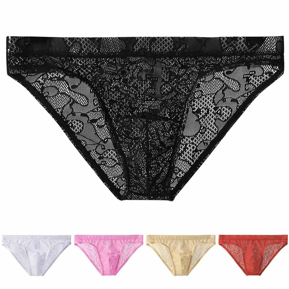 

Fashionable Men Lace Transparent Low Waist Sexy Ice Silk Breathable Underpant U Convex Pouch Short Bikini Men Cotton Boxer New
