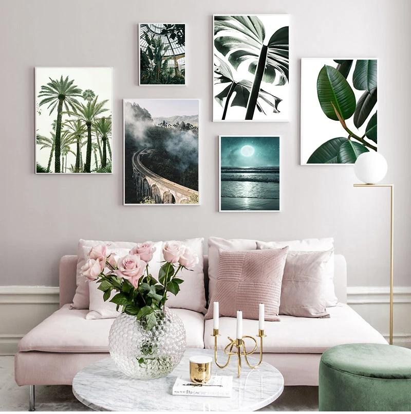 

Nature Plant Leaf Landscape Poster Lion Animal Canvas Wall Art Print Nordic Plam Tree Starry Night Decorative Picture Home Decor