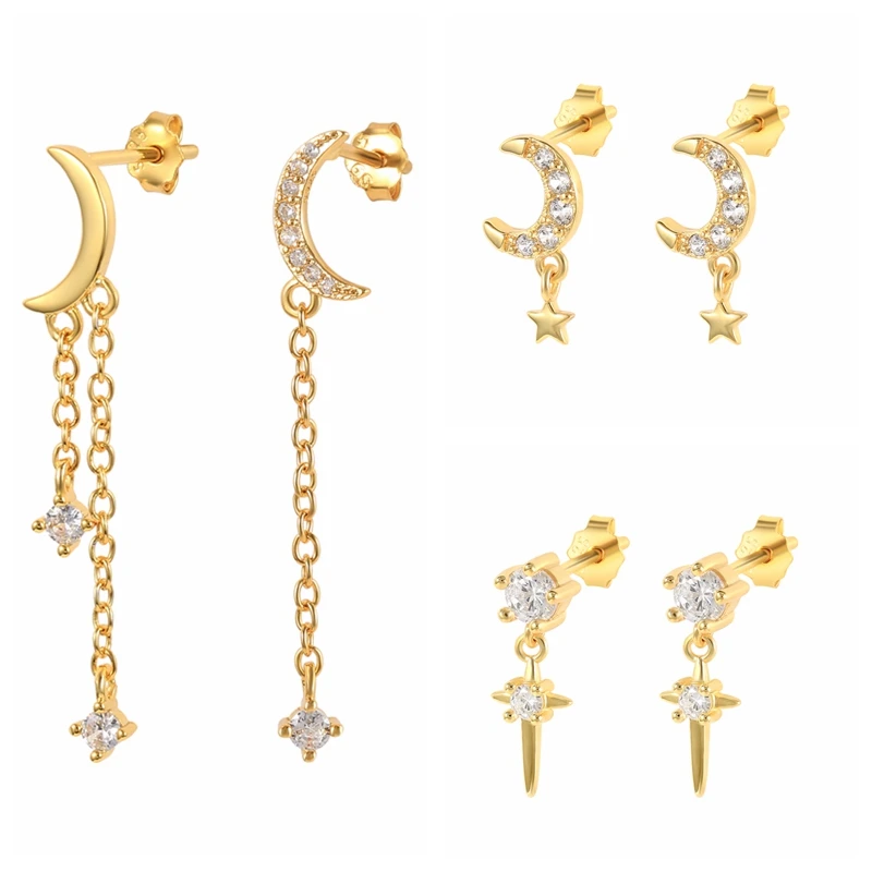 

Sterling Silver Piercing Star Moon Chian Stud Earrings for Women Gold Earrings Girls Jewelry Bijoux Christmas Gifts Luxury