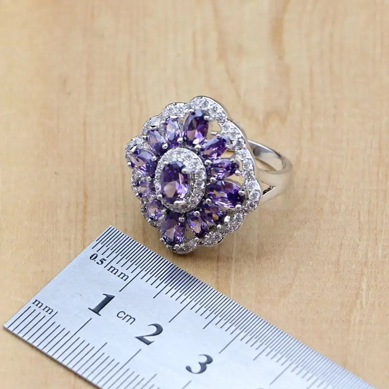 925 Серебряные свадебные украшения с фиолетовыми кубическим цирконием и белыми цирконами для женщин Свадебные серьги/подвеска/кольцо/браслет/ожерелье.