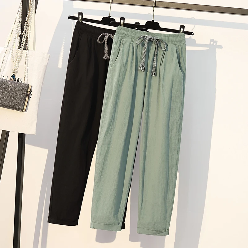 Большие женские брюки из хлопка и льна летние укороченные повседневные для