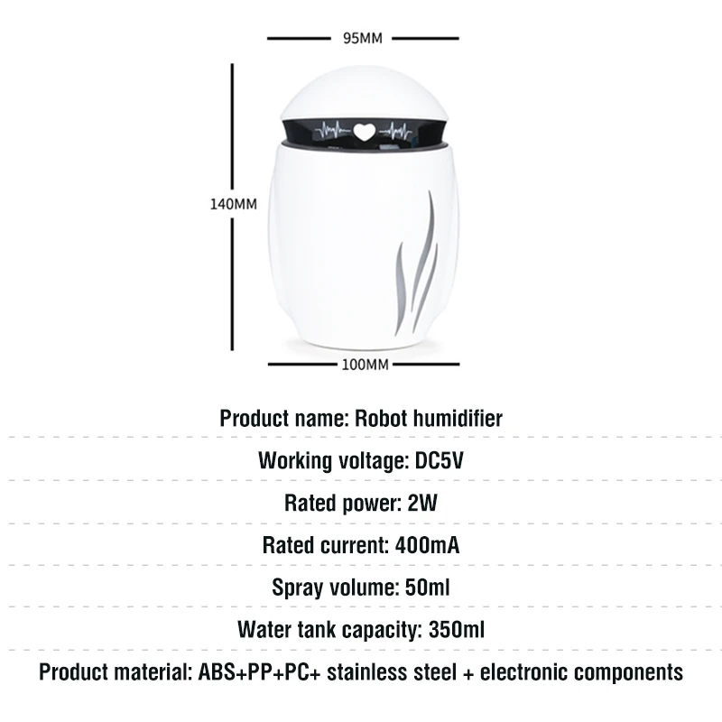 

350ML Air Humidifier Robot Ultra-Silent USB Aroma Essential Oil Diffuser Office Car Humidificador Air Purifier Mist Maker