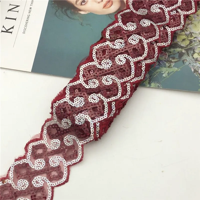 Недорогой Цветок с блестками ткань 30 ярдов 5 см в ширину украшенная металлическим