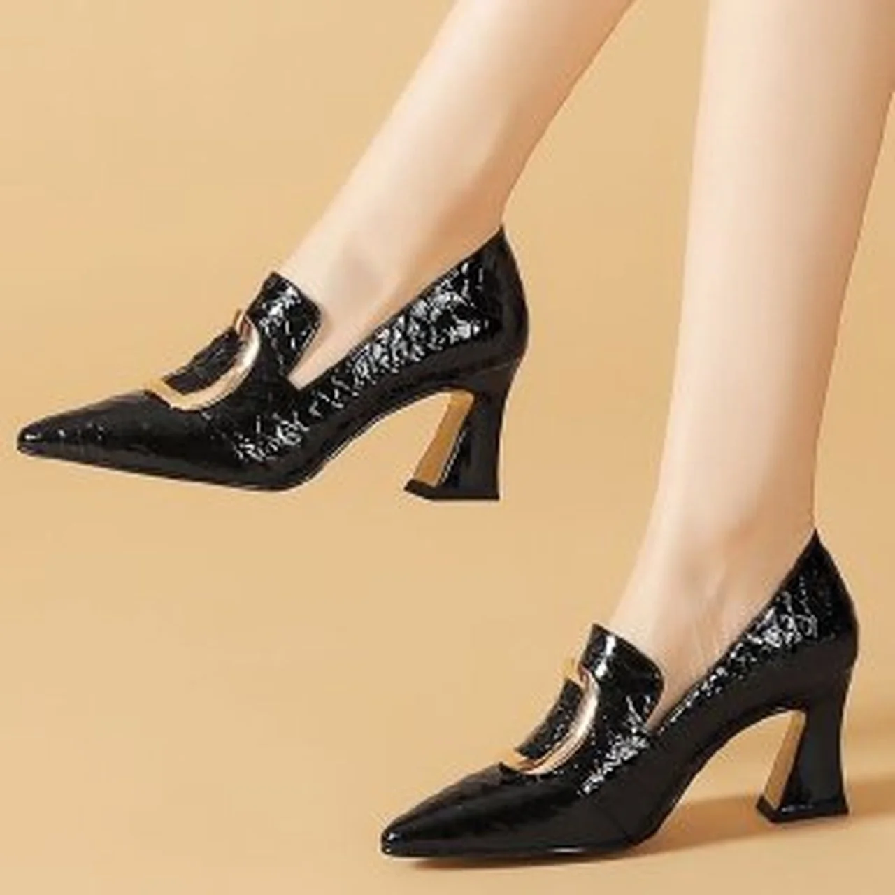 

Women's High Heels Thick Heel Loafers Fashion Single Shoes Metal Decorative Shoes Fall 2022 All-match black Zapatillas Mujer