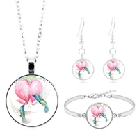 hummingbird cabochon glass pendant necklace bracelet bangle earrings jewelry set totally 4pcs for womens fashion sweater chain