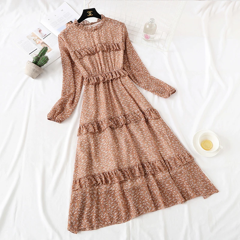 BGTEEVER Vintage Floral Print Chiffon Dress Women Ruffles Elastic A-line Female Midi 2019 Autumn Chic Vestidos Femme Женская одежда