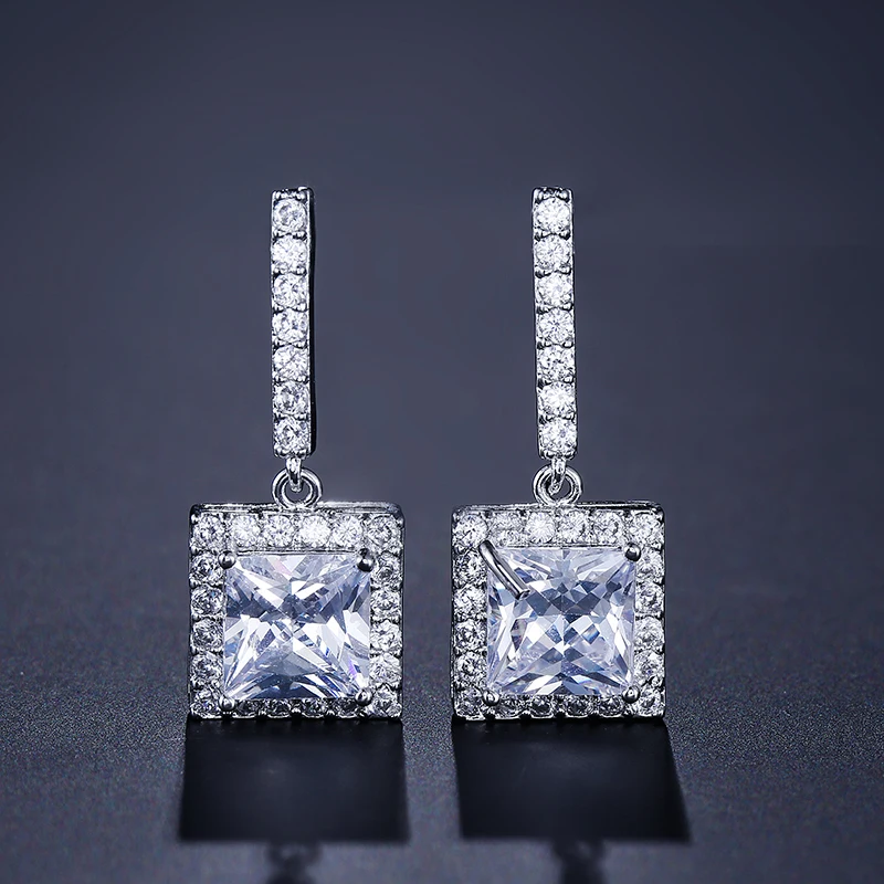 UILZ AAA Cz классические квадратные Висячие Кристальные серьги с белым камнем