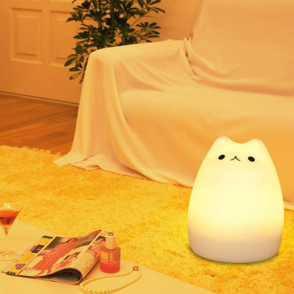 

USB Rechargeable LED Colorful Night Light Cat Desktop Decor Silicone Soft Baby Child Nursery Lamp For Children Kids Baby Gift